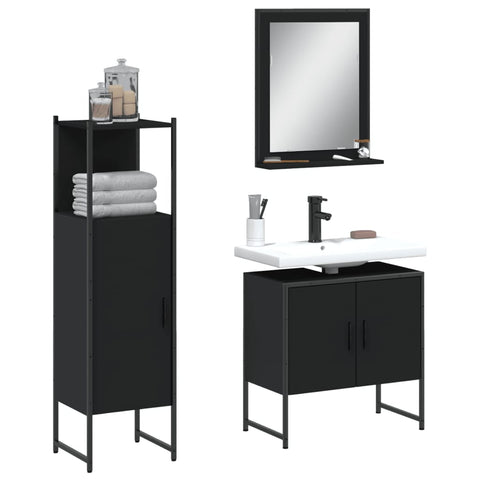 ZNTS 3 Piece Bathroom Cabinet Set Black Engineered Wood 3214344