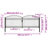 Fence Gate Double Door with Arched Top Steel 400x150 cm Black 143094