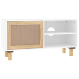 TV Cabinet White 80x30x40 cm Solid Wood Pine and Natural Rattan 345612