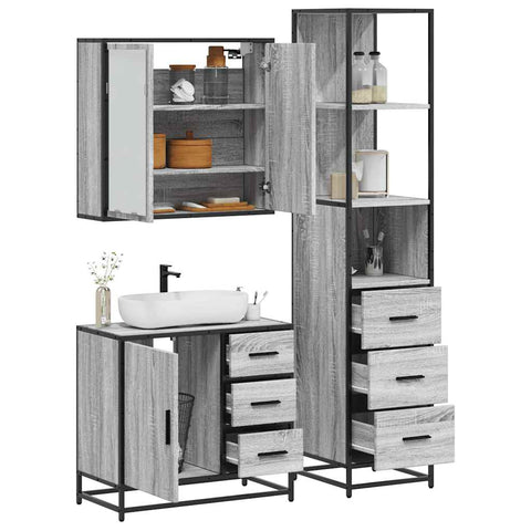 ZNTS 3 Piece Bathroom Furniture Set Grey Sonoma Engineered Wood 3301138