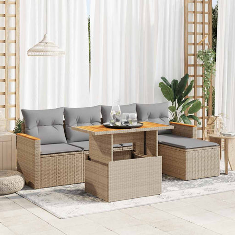 ZNTS 6 Piece Garden Sofa Set with Cushions Beige Poly Rattan Acacia 3327475