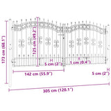 Fence Gate KAMPEN with Spear Top Black 302x125 cm Steel 151096