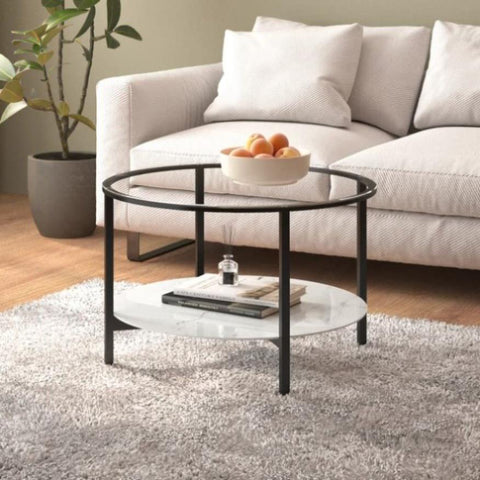 Tea Table Black and White Marble 70 cm Tempered Glass 331620