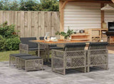 9 Piece Garden Dining Set with Cushions Grey Poly Rattan 3210782