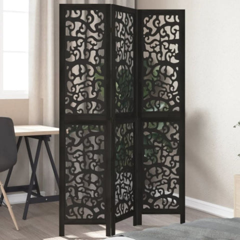 Room Divider 3 Panels Black Solid Wood Paulownia 358750