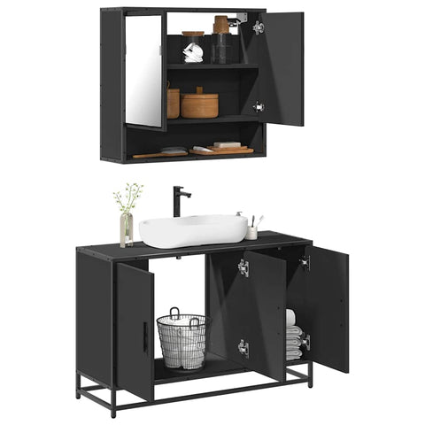 ZNTS 2 Piece Bathroom Furniture Set Black Engineered Wood 3300920