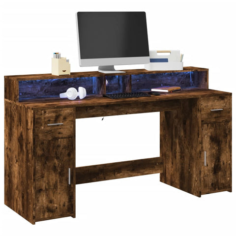 Desk with LED Lights Smoked Oak 160x55x91 cm Engineered Wood 3309433