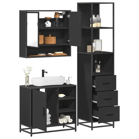 ZNTS 3 Piece Bathroom Furniture Set Black Engineered Wood 3301175