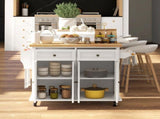 Rolling Kitchen Island Storage Trolley with Rubber Wood Top & Drawers for Dining Room, Cream White T3398P328327