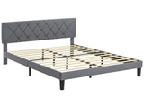 Double Bed Frame with 5-Level Adjustable Linen Upholstered Headboard, Wooden Slats Mattress T3398P330372