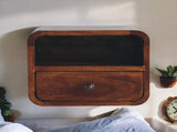 Solid Wood Extra Mini Wall Mounted Curved Chestnut Bedside, 1 Drawer and Open Slot, Dark Brown B2743P403036