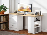 Computer Desk, Writing Table, PC Workstation with 3 Storage Shelves and Drawers, Silver Handle, for T3398P378019