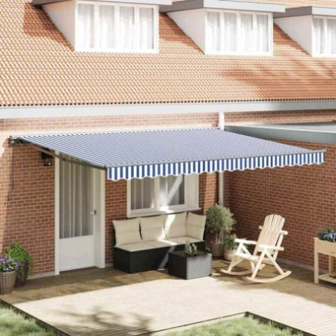 Retractable Awning Manual Blue and White 450x300 cm Fabric 3330851