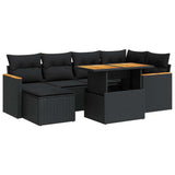 7 Piece Garden Sofa Set with Cushions Black Poly Rattan Acacia 3327506