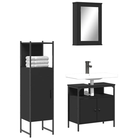 ZNTS 3 Piece Bathroom Furniture Set Black Engineered Wood 3214815