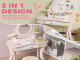 Kids Dressing Table, Girls Vanity Set with Mirror and Stool, 7 Play Accessories, Drawer, Desktop T3398P422358