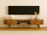 Solid Wood Rounded Entertainment Unit, 4 Drawers, 2 Shelves, Brown B2743P403490