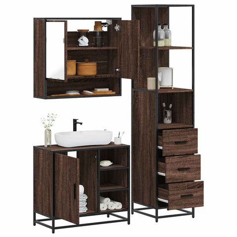 ZNTS 3 Piece Bathroom Furniture Set Brown Oak Engineered Wood 3301179