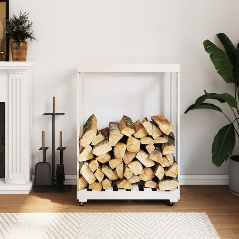 ZNTS Log Holder with Wheels White 76.5x40x108 cm Solid Wood Pine 832326