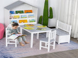 4-Piece Kids Table and Chair Set with 2 Wooden Chairs, 1 Storage Bench, and Interesting Modern T3398P347691