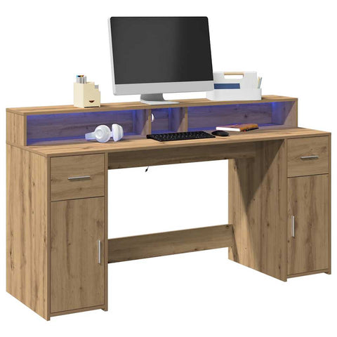 Desk with LED Lights Artisian Oak 160x55x91 cm Engineered Wood 3309437