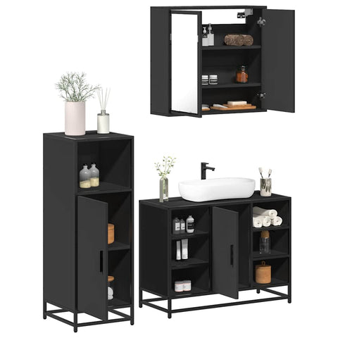 ZNTS 3 Piece Bathroom Furniture Set Black Engineered Wood 3300970