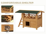 Cat House Outdoor w/ Balcony Stairs Roof, 77 x 50 x 73 cm, Natural Wood Finish T3398P349841