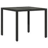 Garden Table with Glass Top Black 90x90x75 cm Poly Rattan 365525