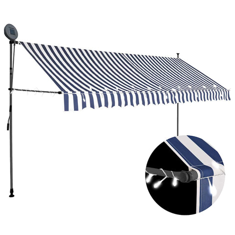 Manual Retractable Awning with LED 350 cm Blue and White 145846