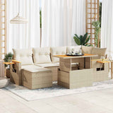 7 Piece Garden Sofa Set with Cushions Beige Poly Rattan Acacia 3327621