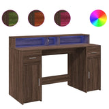 Desk with LED Lights Brown Oak 140x55x91 cm Engineered Wood 3309426