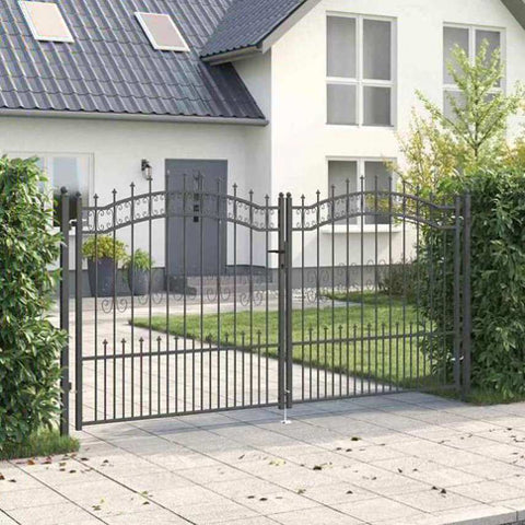 Fence Gate with Spear Top with Lock Grey 305 x 150 cm Steel 42009045