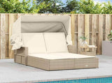 Double Sun Lounger with Canopy and Cushions Beige Poly Rattan 365810