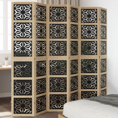 ZNTS Room Divider 6 Panels Brown and Black Solid Wood Paulownia 358811