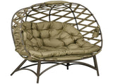 2 Seater Egg Chair Outdoor, Folding Weave Garden Furniture Chair with Cushion, Cup Pockets - Khaki T3398P328387