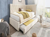 Upholstered Bed Daybed with Pull-Out Bed, 3FT Single Sofa Bed 90 x 190 cm, Ottoman Bed Trundle Beds N601P377081B