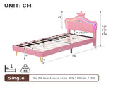 3ft Single Upholstered Bed with LED Adjustable Crown Shape Headboard, PU Leather Bed Frame with N652P265845P