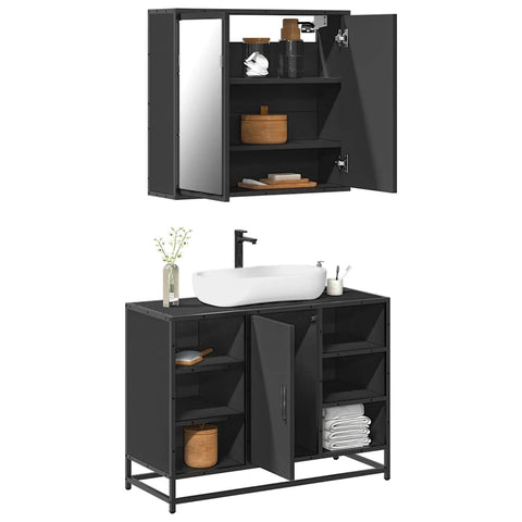 ZNTS 2 Piece Bathroom Furniture Set Black Engineered Wood 3300910