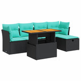 6 Piece Garden Sofa Set with Cushions Black Poly Rattan Acacia 3327967