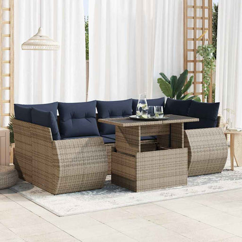 7 Piece Garden Sofa Set with Cushions Grey Poly Rattan Acacia 3326592