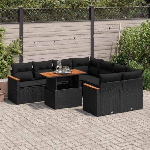 ZNTS 9 Piece Garden Sofa Set with Cushions Black Poly Rattan Acacia 3327464