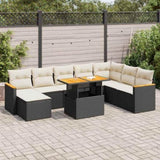 ZNTS 9 Piece Garden Sofa Set with Cushions Black Poly Rattan Acacia 3327521