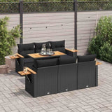 7 Piece Garden Sofa Set with Cushions Black Poly Rattan Acacia 3327555