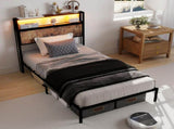 90cm190cm Single Metal Bed Frame with RGB Smart LED Lights & Storage Headboard, Heavy Duty 363kg T6135P515083