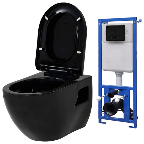 Wall-Hung Toilet with Concealed Cistern Ceramic Black 3054479