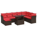9 Piece Garden Sofa Set with Cushions Brown Poly Rattan Acacia 3326215