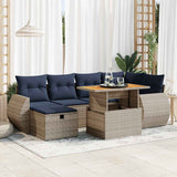 7 Piece Garden Sofa Set with Cushions Brown Poly Rattan Acacia 3328062