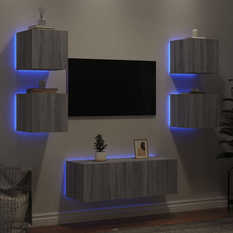 ZNTS 6 Piece TV Wall Units with LED Grey Sonoma Engineered Wood 3216816