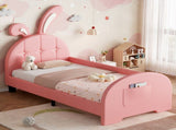 3ft Single Rabbit-Shaped Upholstered Bed Frame, Bunny Ear Headboard & Footboard Storage Pocket, Soft N652P412013P