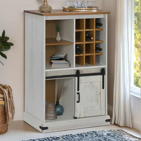 ZNTS Wine Cabinet HALDEN with Wine Racks and Sliding Door White Pine 4018446